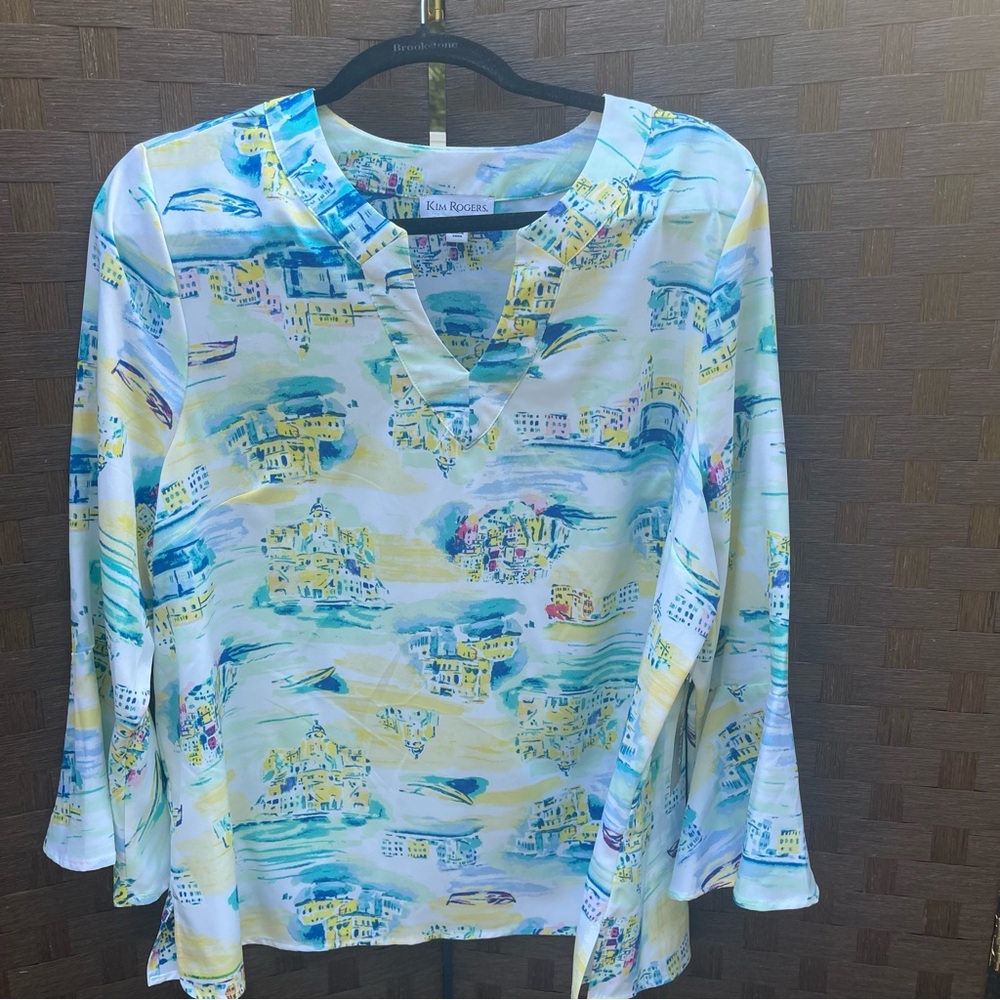 Kim Rogers Blue and Yellow 3/4 Bell Sleeve Printed Blouse - size XL